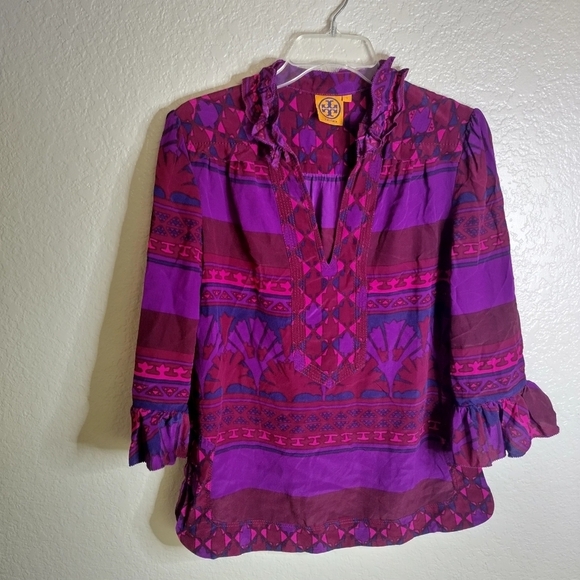 Tory Burch Silk Geometric Print Ruffle High V Neck 3/4 Tunic Blouse Top Sz 6 - Picture 2 of 12
